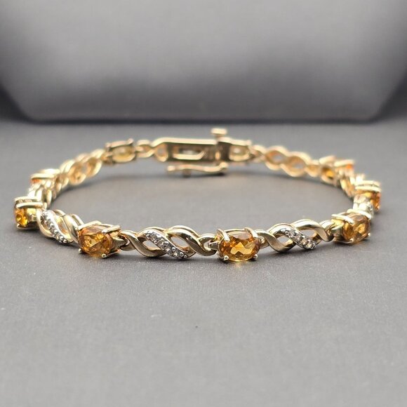 Citrine & Clear Quartz Tennis Bracelet 7.25" Gold Vermeil 925 Signed SUN - Picture 1 of 15